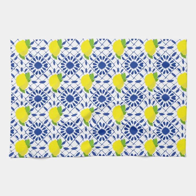 Linge De Cuisine Carreau de citron géométrique bleu (Horizontal)