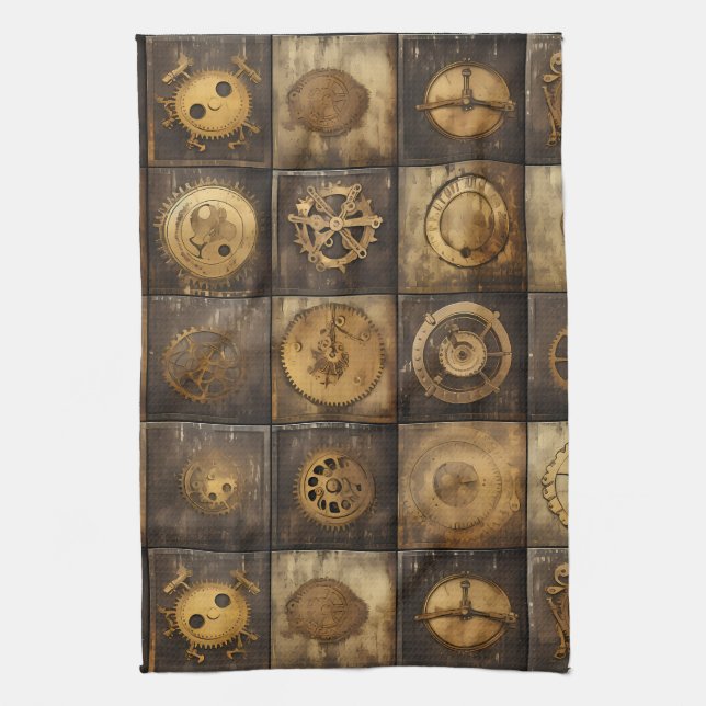 Linge De Cuisine Carreau de motif mécanique Steampunk or bronze (Vertical)
