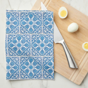 Linge De Cuisine Carreau Faux Motif Bleu Blanc Delft Bleuet