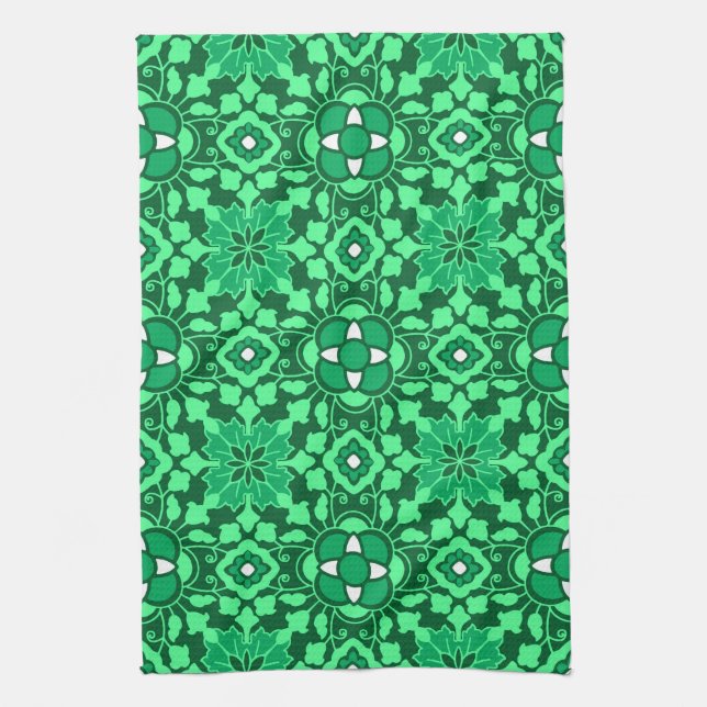 Linge De Cuisine Carreau marocain floral, vert jade clair et foncé (Vertical)