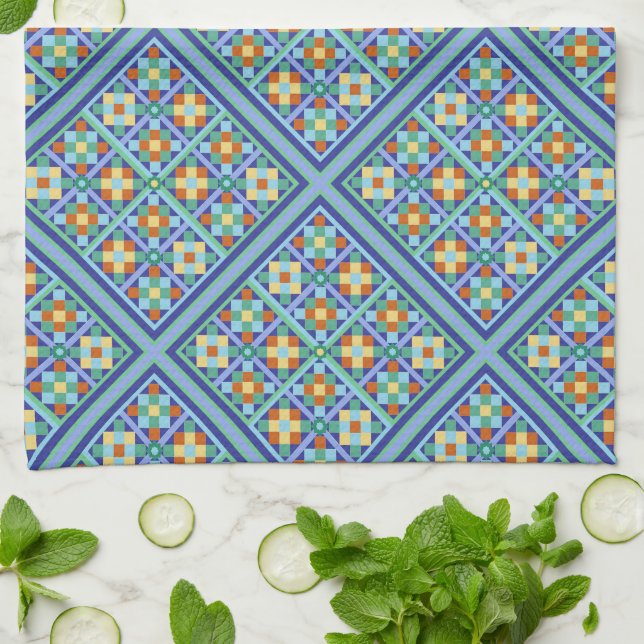 Linge De Cuisine Carreaux bleu marocain en joli motif diamant (Plié)