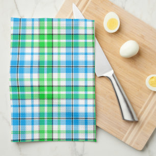 Linge De Cuisine Carreaux Bleus Et Verts Tartan Blanc