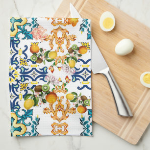 Linge De Cuisine Carreaux bleus Méditerranéen Floral