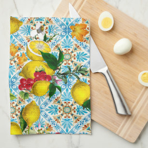 Linge De Cuisine Carreaux bleus Méditerranéen Floral 