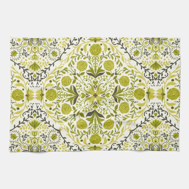 Linge De Cuisine Carreaux de fleurs en vert (Horizontal)