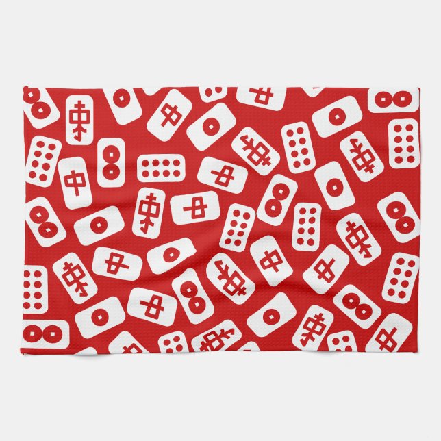 Linge De Cuisine Carreaux de Mahjong blanc sur rouge (Horizontal)