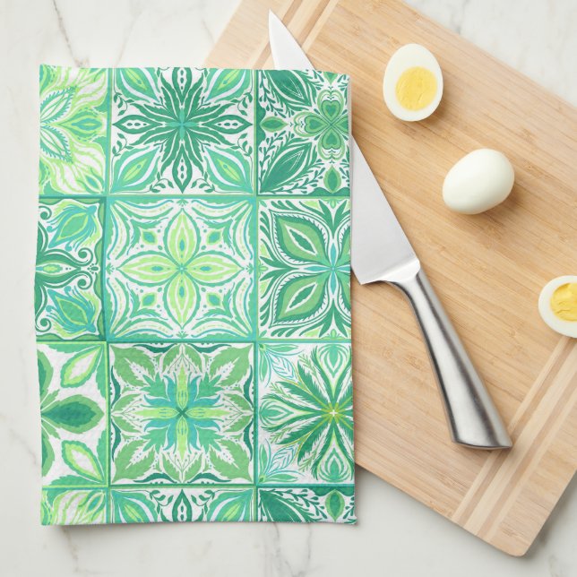 Linge De Cuisine Carreaux décorés en vert et blanc (Quart Plié)