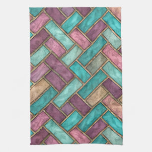 Linge De Cuisine Carreaux en Chevron Sarcelle et Mauve - Brique