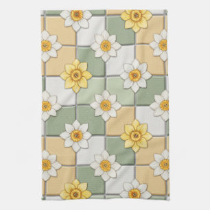 Linge De Cuisine Carreaux Fleuris Motif Jonquille