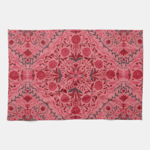 Linge De Cuisine Carreaux floraux en rouge et pastèque rose