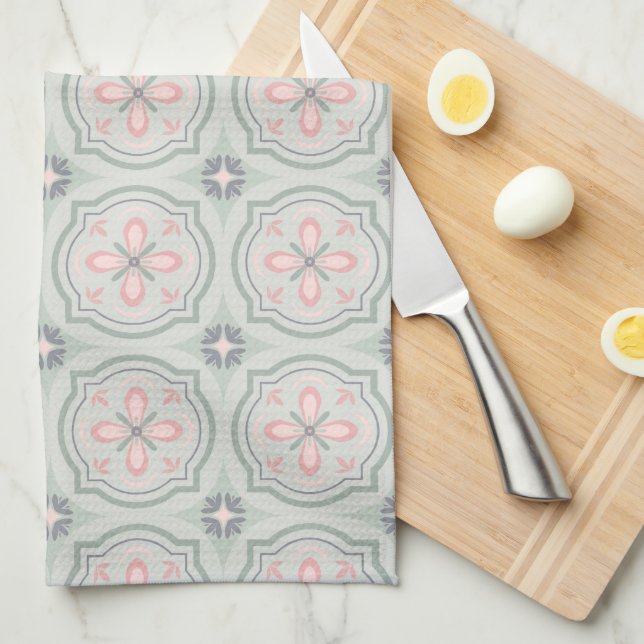 Linge De Cuisine Carreaux Floraux Pastel Verts (Quart Plié)