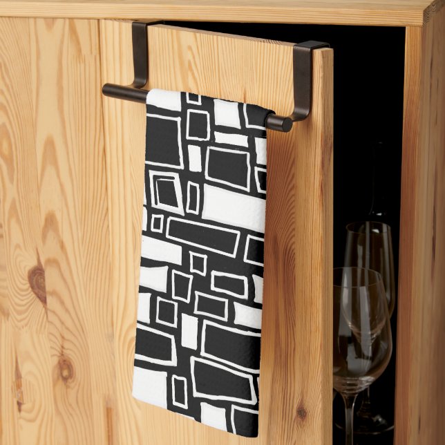 Linge De Cuisine Carreaux géométriques noirs blancs Abstraits (Pliage en tiers)