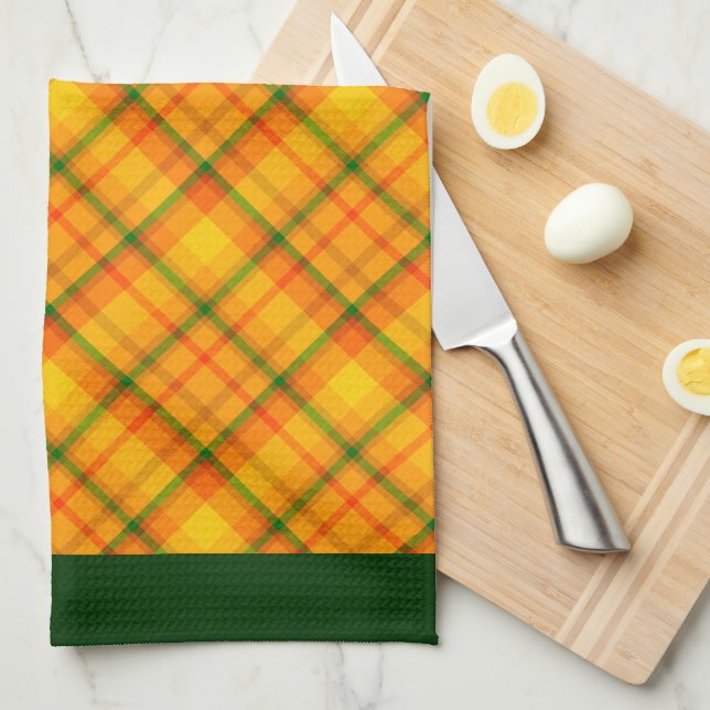 Linge De Cuisine Carreaux Gingham Orange Jaune Bordures Vertes (Quart Plié)
