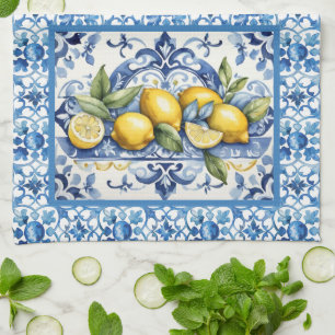 Linge De Cuisine Carreaux italiens bleus et blancs d'Amalfi citrons