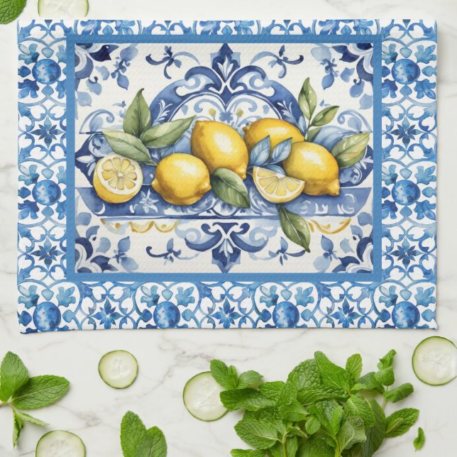 Linge De Cuisine Carreaux italiens bleus et blancs d'Amalfi citrons (Plié)