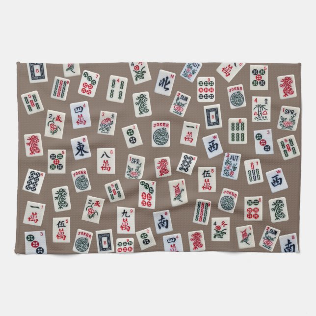 Linge De Cuisine Carreaux MahJong (symboles) sur marron (Horizontal)