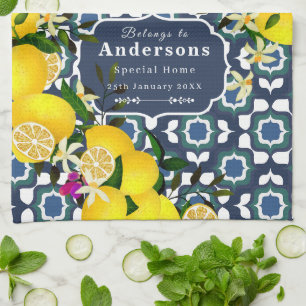 Linge De Cuisine Carreaux méditerranéens au citron Bleu marine Blan