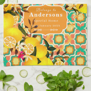 Linge De Cuisine Carreaux Méditerranéens au Citron Orange