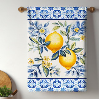 Linge De Cuisine Carreaux Méditerranéens Bleus Avec Citrons