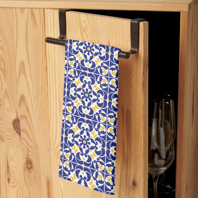 Linge De Cuisine Carreaux méditerranéens Motif bleu et jaune (Pliage en tiers)