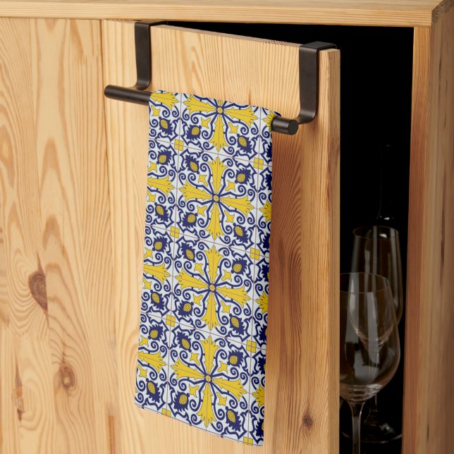 Linge De Cuisine Carreaux portugais en bleu et jaune pour Noël (Pliage en tiers)