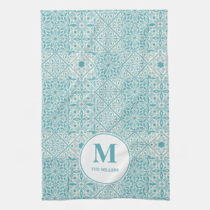 Linge De Cuisine Carrelage bleu portugais Turquoise Monogramme