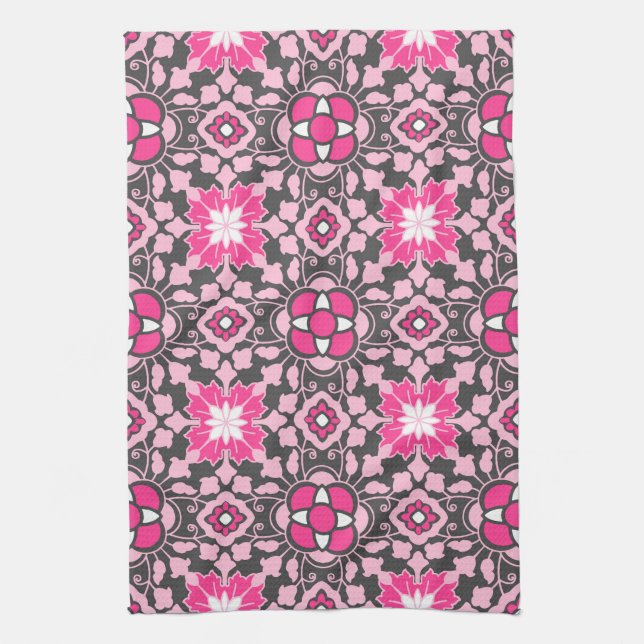 Linge De Cuisine Carrelage Floral marocain, Fuchsia rose & gris / G (Vertical)