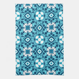 Linge De Cuisine Carrelage marocain floral, Indigo, bleu ciel et bl