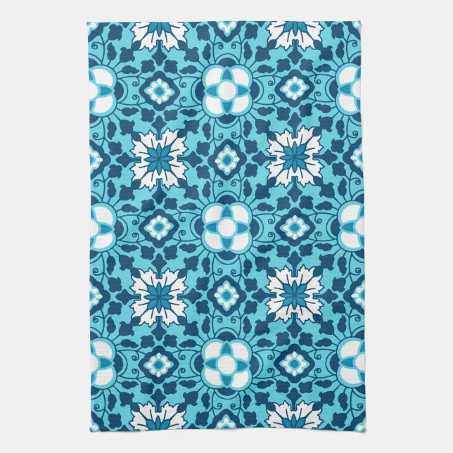Linge De Cuisine Carrelage marocain floral, Indigo, bleu ciel et bl (Vertical)