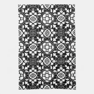 Linge De Cuisine Carrelage marocain floral, noir et blanc