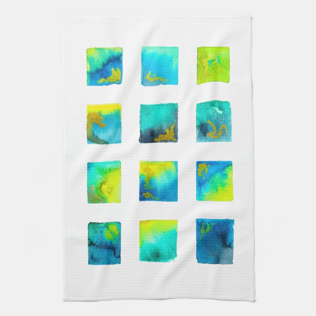 Linge De Cuisine Carrés bleus aquarelle abstrait (Vertical)
