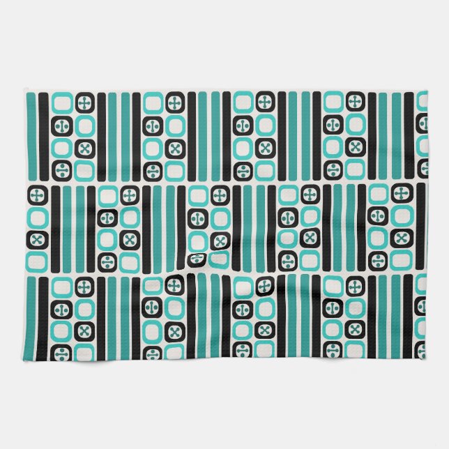 Linge De Cuisine Carrés d'art atomique rétro Lignes Turquoise (Horizontal)