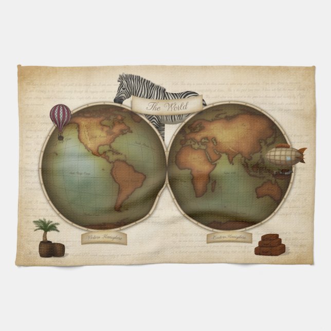 Linge De Cuisine Carte Atlas Steampunk du voyageur du monde néo-vic (Horizontal)