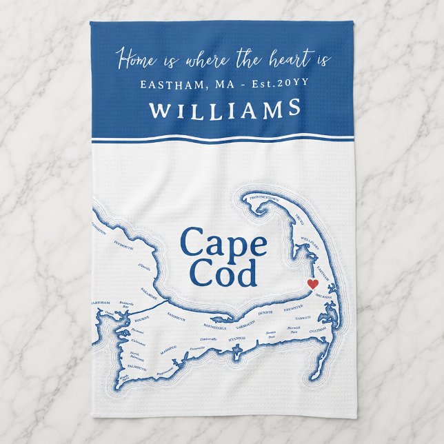 Linge De Cuisine Carte de Cape Cod Bleu Marine Nouvelle Maison (Cape Cod Map Kitchen Towel housewarming gift, new home present with heart over Brewster)