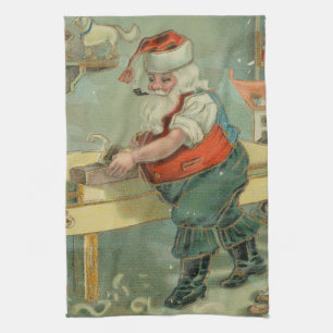 Linge De Cuisine Carte de Noël vintage - Le Père Noël dans son atel