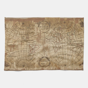 Linge De Cuisine Carte du monde antique Vintage 1783 avec broderie