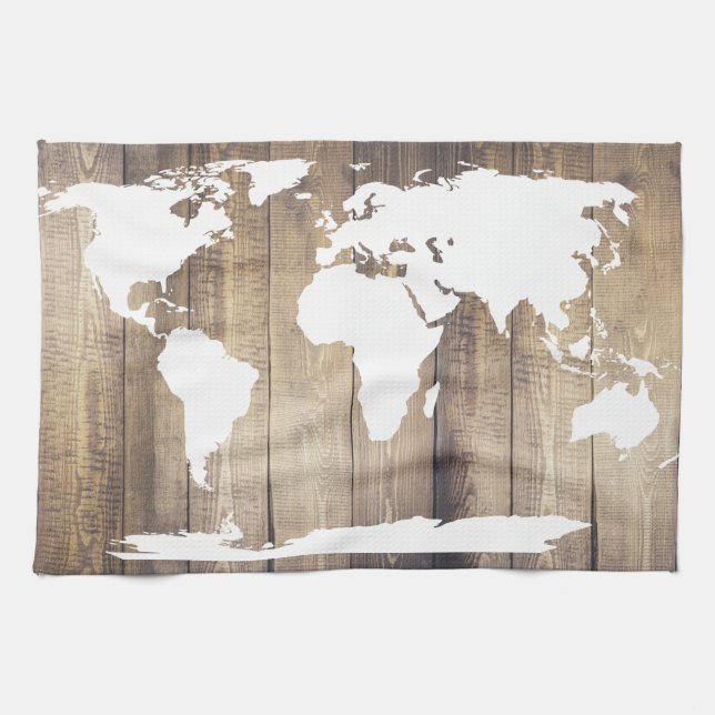 Linge De Cuisine Carte du monde blanc Plaques de bois rustique (Horizontal)
