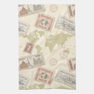 Linge De Cuisine Carte du monde vintage timbres-poste Voyage (1)