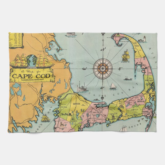 Linge De Cuisine Carte vintage de Cape Cod (Horizontal)
