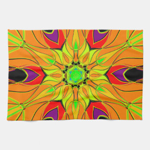 Linge De Cuisine Carton Mandala Fleur orange vert et rouge