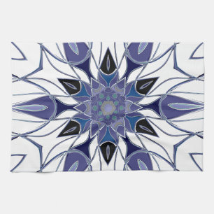Linge De Cuisine Carton Mandala Flower bleu violet et blanc