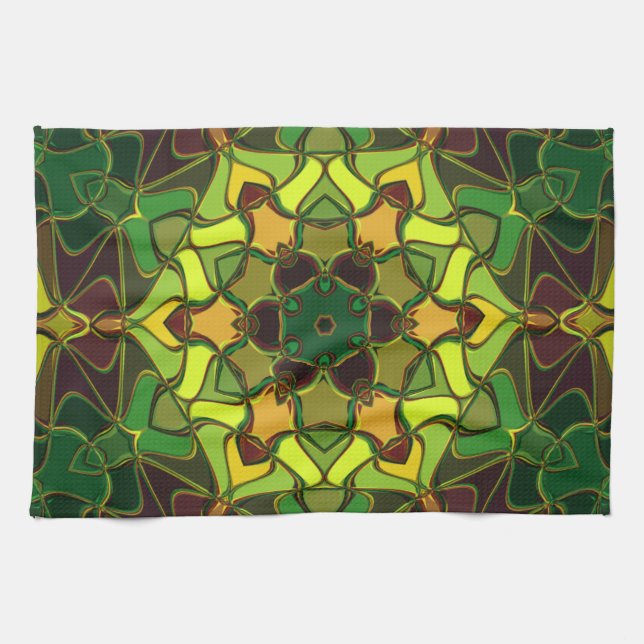 Linge De Cuisine Carton Mandala Flower vert Jaune et orange (Horizontal)