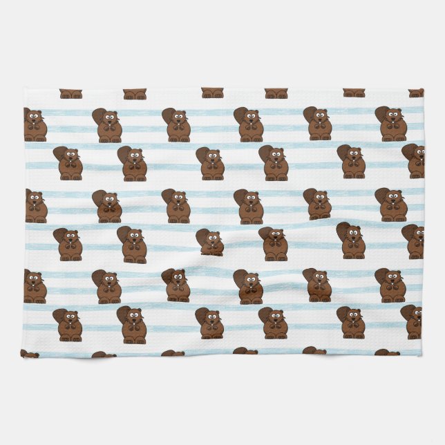 Linge De Cuisine Castor sur bandes bleues (Horizontal)