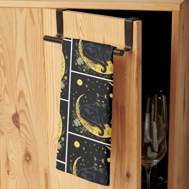 Linge De Cuisine Cat noir croissant Lune Floral Blanc Halloween (Pliage en tiers)