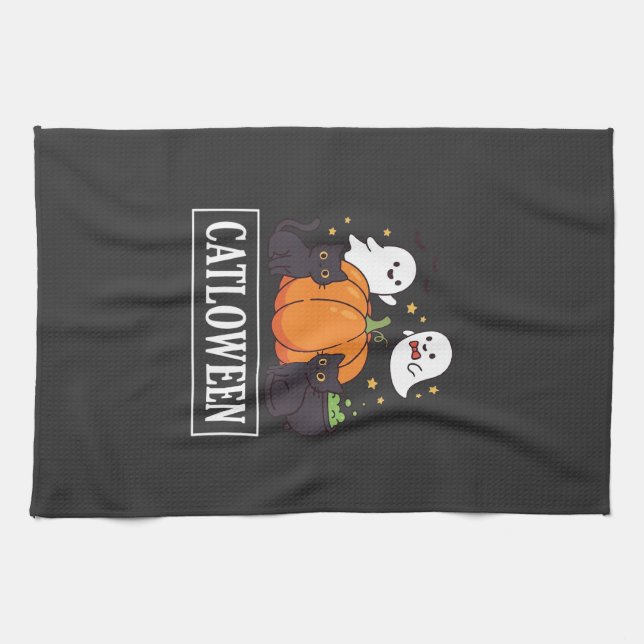 Linge De Cuisine Catloween Drôle Chat Halloween Fantôme Citrouille  (Horizontal)
