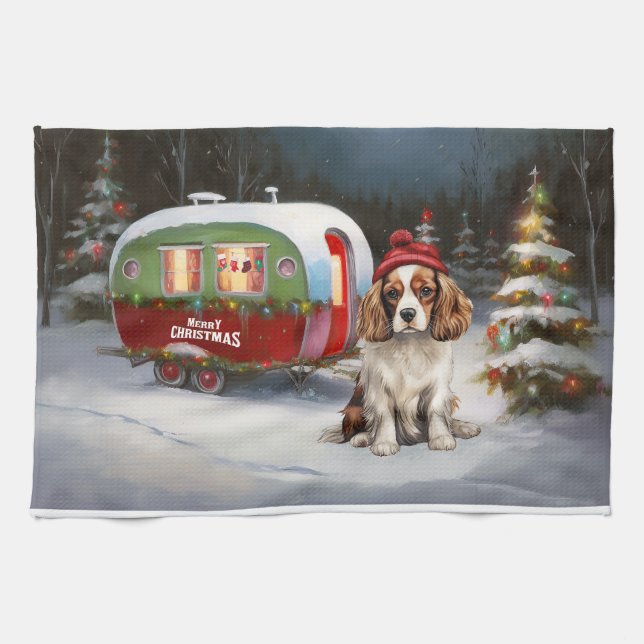 Linge De Cuisine Cavalier King Charles Spaniel Caravane Noël (Horizontal)