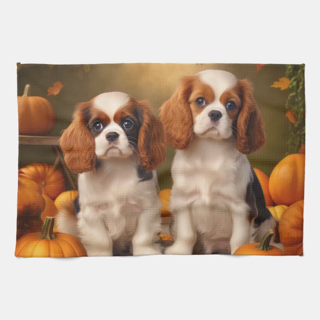Linge De Cuisine Cavalier King Charles Spaniel Chiot Citrouille d'a (Horizontal)