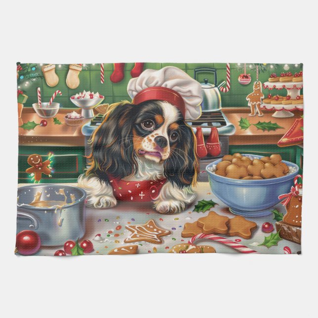 Linge De Cuisine Cavalier King Charles Spaniel préparant Noël (Horizontal)