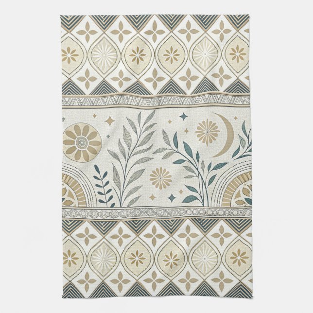 Linge De Cuisine Céleste Botanique Folk Art Motif sans couture (Vertical)