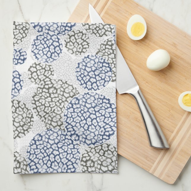 Linge De Cuisine Cercles avec imprimé léopard gris et bleu (Quart Plié)